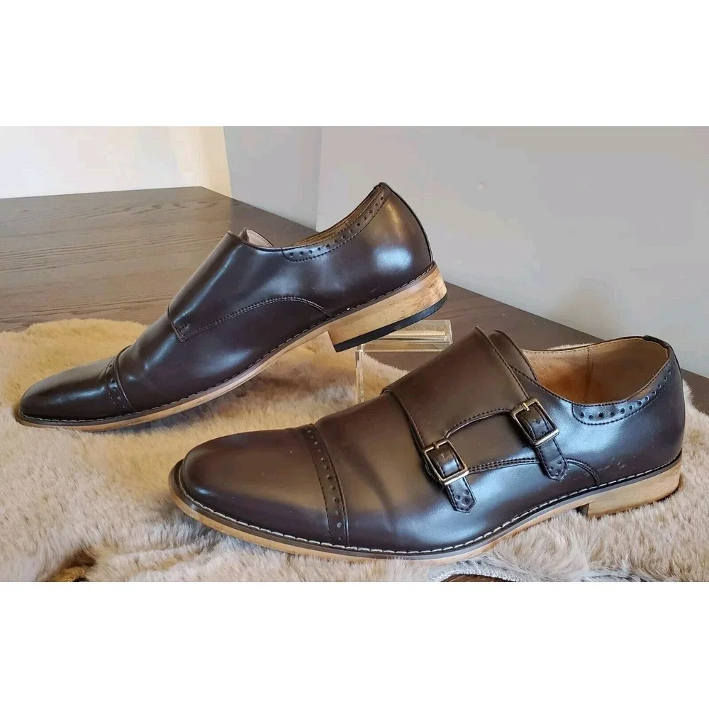 Amali Men's Maroon Leather Baker Double Monk Straps Fashion‎ Shoes Size 10